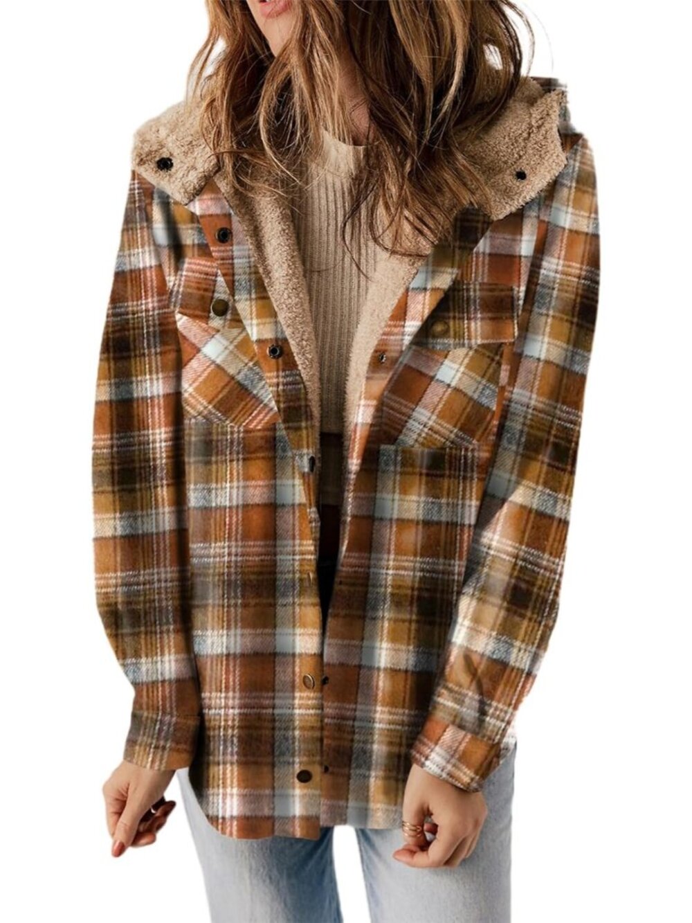 Women’s Camel Plaid Fleece Hooded Shacket Warm Sherpa Flannel Winter Jacket